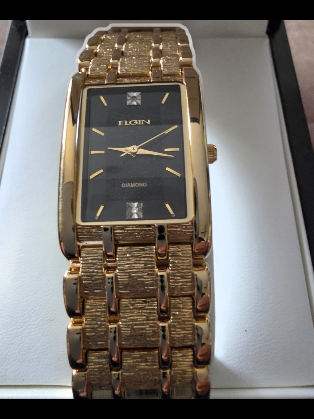 Elgin Men's Gold-Tone Rectangular Diamond Accent Watch NWT